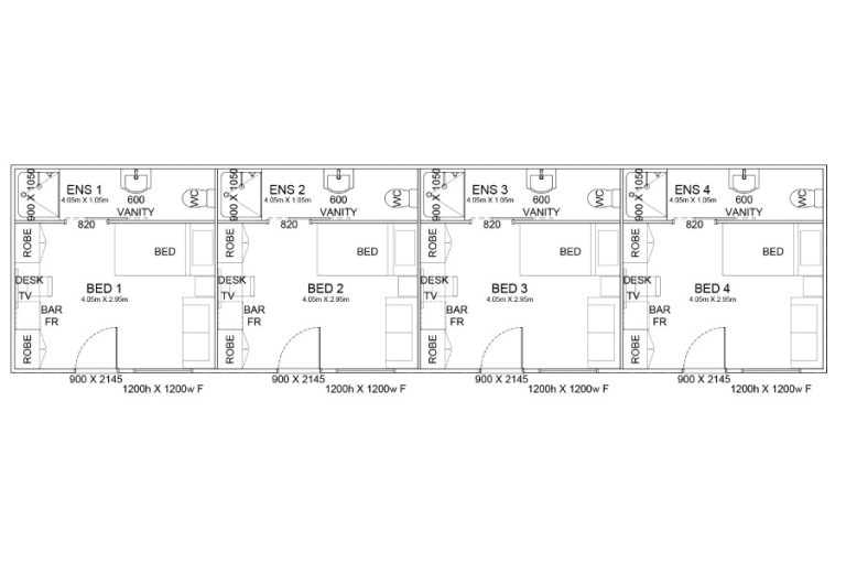 Four bedrooms, four bathrooms 16.5m x 4.2m Total 69.3m2